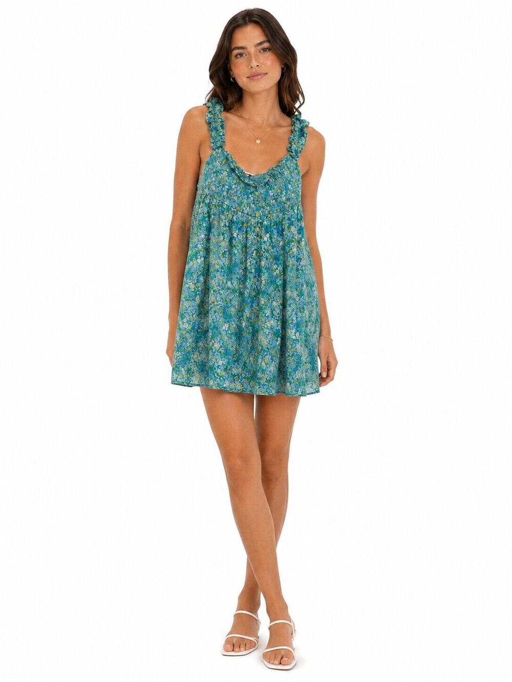 American Eagle Floral Smocked Babydoll Mini Dress Blue Green Ruffle Strap